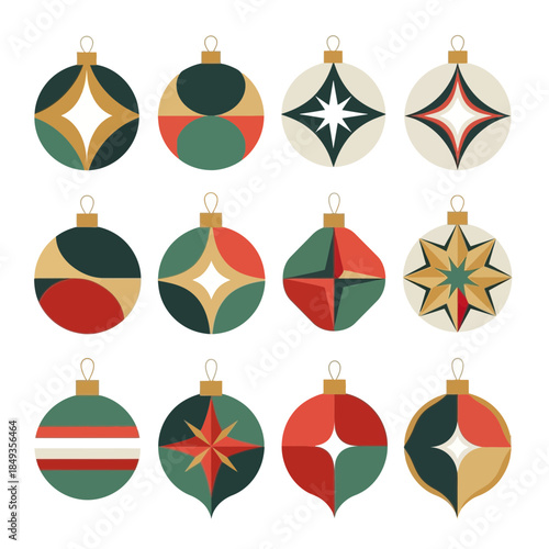 Set of twelve colorful Christmas ornaments with various geometric patterns and festive designs for