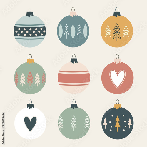 Set of seven Christmas ornaments featuring minimalist holiday designs and soft pastel colors