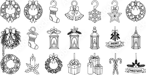 Christmas Holiday Line Art Vector Icons Set: Collection of festive decorations including wreaths, stockings, bells, lanterns, gifts, mistletoe, candles, candy canes.