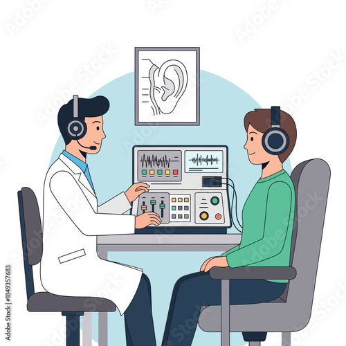 Audiologist performing hearing test on a female patient.