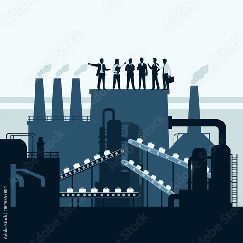 Business people overseeing factory production with conveyor belts.