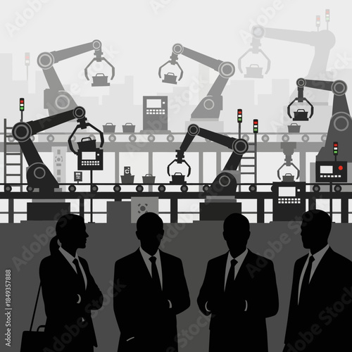 Business professionals observing automated industrial production line.