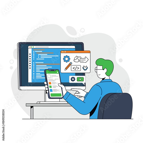 Developer working on computer and mobile app development.