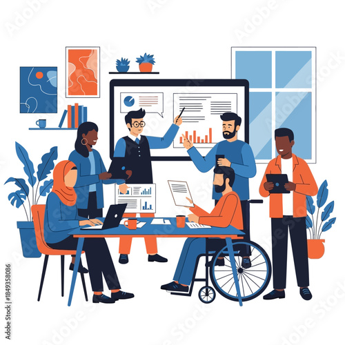 Diverse Business Team Collaborating in a Modern Office Setting.