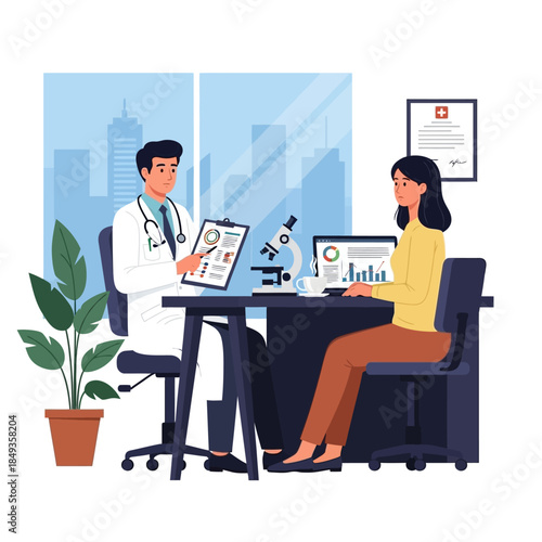 Doctor consulting with a female patient in a medical office.