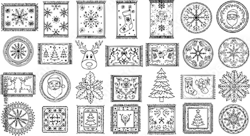 Hand-drawn Christmas and Winter Holiday Doodle Vector Elements Collection featuring Snowflakes, Reindeer, Santa Claus, Xmas Trees, Stockings, and Festive Decorative Mats