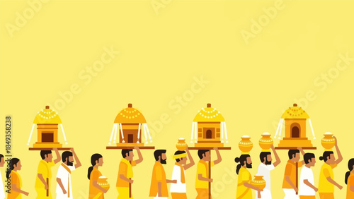 People in traditional clothing are carrying ornate temple structures on their heads in a ceremonial procession.