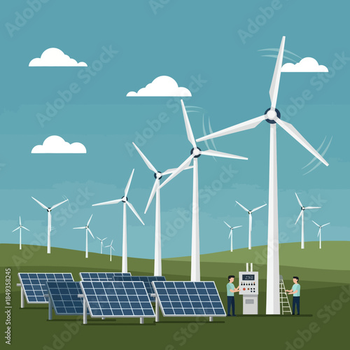 Engineers working on renewable energy sources with solar panels and wind turbines.
