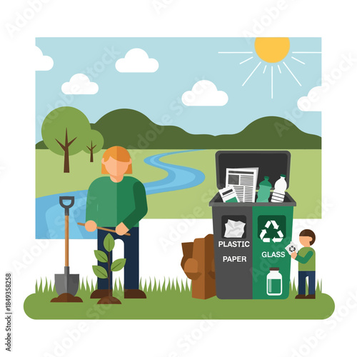Father and son planting a tree and recycling waste.