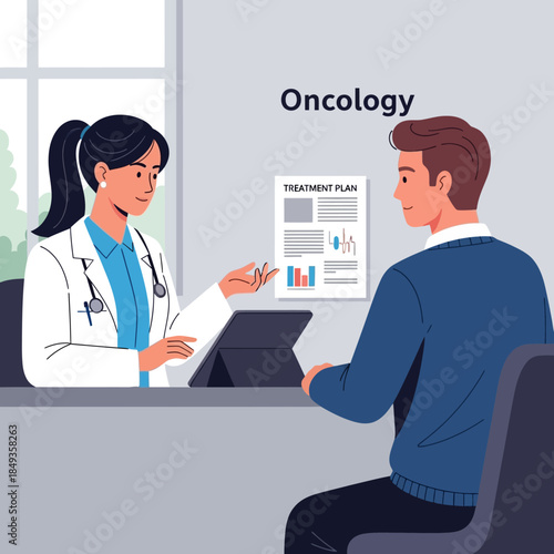 Female oncologist discusses treatment plan with male patient.