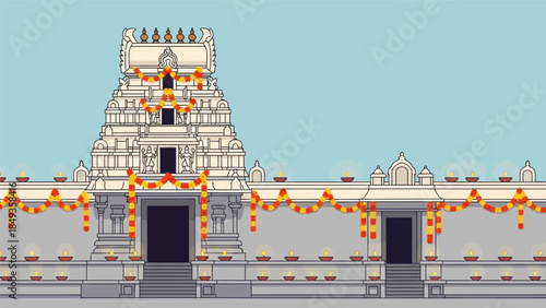 An intricately decorated Hindu temple entrance with garlands and lamps, illustrated in a serene light blue sky background, viewed from the front.