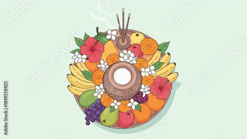 An illustration of a vibrant fruit platter with flowers and incense on a table indoors.