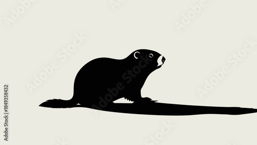 A black silhouette of a rodent sitting on a branch, looking upwards, in a minimalist illustration style with a neutral background.