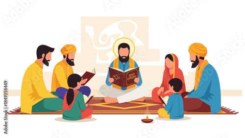 A serene family gathering for a religious reading session with traditional attire and sacred texts in a harmonious home environment viewed from above.