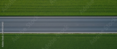 Aerial view of a solitary straight road dividing vibrant green agricultural fields