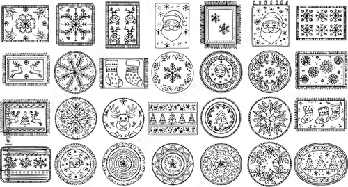 Hand-drawn Christmas and Winter Holiday Decoration Elements Set. Vector illustration with Santa, Reindeer, Snowflakes, Trees, and Stockings in Various Shapes and Patterns.