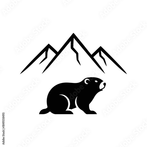 A black bear sits in front of a mountain range in a natural landscape illustration.
