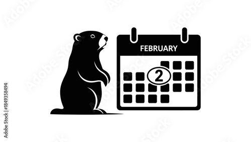 A bear standing beside a calendar showing February 2nd, an illustration of Groundhog Day event.