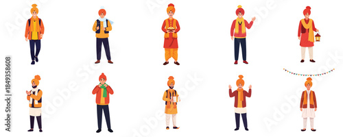 Punjabi Festival Men Wearing Traditional Winter Outfit Flat Vector Set
