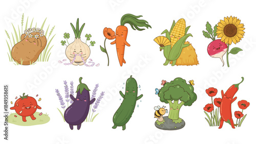 A delightful collection of anthropomorphic vegetables and fruits with cute faces and playful poses, set against a white background.