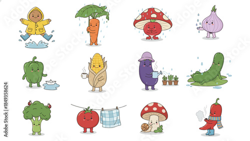 A collection of cute anthropomorphic cartoon vegetables and fungi characters engaged in various human-like activities on a white background.