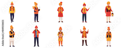Punjabi Men Winter Celebration Characters Wearing Traditional Indian Outfits Illustration