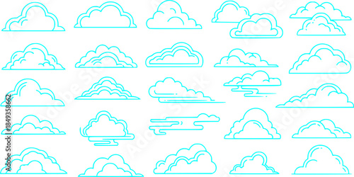 Set of clouds in a linear style. Cloud in line or outline collection. Vector illustration.

