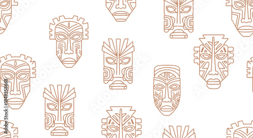 Seamless pattern with various outline African tribal masks on white background