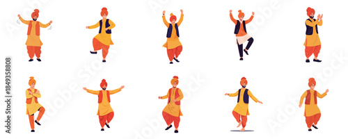 Energetic Punjabi Folk Dancers in Traditional Bhangra Poses Flat Vector