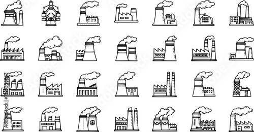 Industrial factories vector icon set. Factory illustration sign collection. Industry power symbol. chemical manufacturing building logo. nuclear energy plant icons.