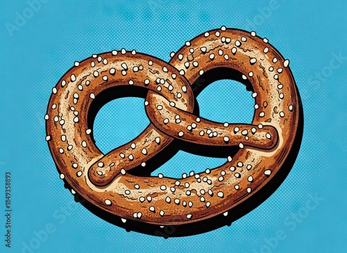 Golden Brown Pretzel with Salt Sprinkles on a Textured Cyan Background