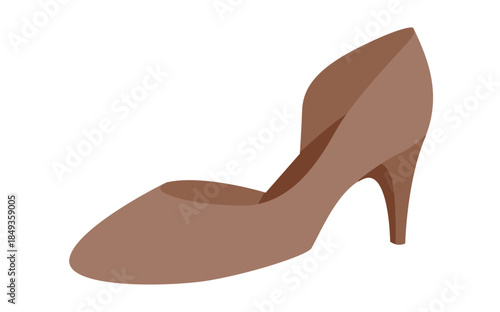 Brown kitten heel pump shoe women flat. Closed toe dress shoe for office, wardrobe, business outfit. Technical fashion illustration, CAD mockup, smooth vector men unisex isolated elegant style.