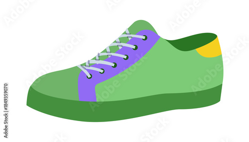 Low top sneakers shoe flat. Colorful trendy footwear for festival, travel, modern streetwear for man woman unisex. Technical fashion illustration, CAD mockup, smooth vector isolated stylish style.