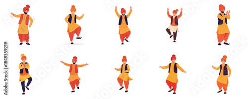 Energetic Punjabi Bhangra Dance Poses Character Set Illustration