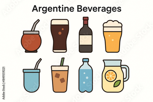 Argentine Beverage Icon Set with Mate, Fernet, Malbec and Coffee in Flat Vector Style