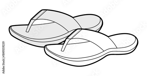 Flip flop sandal shoe women sketch pair. Curved sole comfort thong for summer beach outfit. Technical fashion illustration CAD mockup vector man unisex isolated classic style.