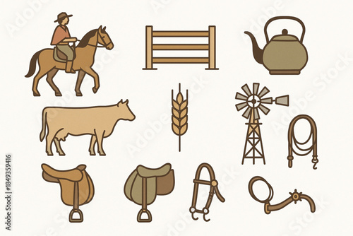 Pampas Argentina Icon Set with Gaucho, Cattle and Rural Life in Flat Vector Style