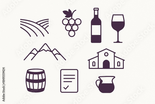 Mendoza Wine Culture Icon Set with Malbec, Vineyards and Andes in Flat Vector