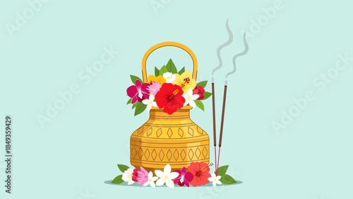 A vibrant floral arrangement in a traditional basket surrounded by incense sticks, set against a serene background, capturing a peaceful atmosphere with a soft focus viewpoint.