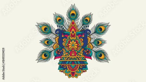 Vibrant illustration of peacock feathers surrounding an ornate, colorful crest or emblem, symbolizing beauty and pride, on a plain white background.