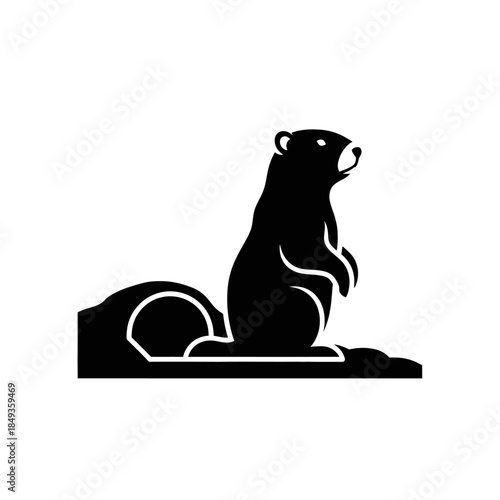 A black bear illustration sitting on a mound, looking up, in a simple graphic style, resembling a silhouette.