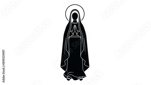 An illustration depicts a woman in a long dress and veil with a halo around her head standing alone.