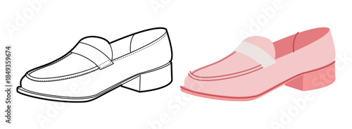 Pink tassel loafer shoe women flat plus line set. Raised vamp casual dress footwear for lookbook print design project. Technical fashion illustration CAD mockup mixed vector man unisex isolated style.