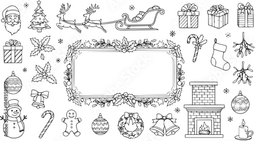 Hand drawn Christmas doodle elements set. Festive holiday season collection with Santa, tree, gifts, fireplace, frame, and winter decorations. Perfect for greeting cards and design.