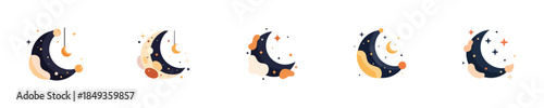 Crescent Moon Night Flat Vector Illustration Icon Collection Set