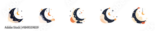 Crescent Moon Night Flat Vector Illustration Icon Collection Set