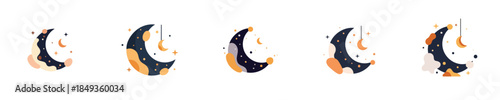 Crescent Moon Night Sky Flat Vector Icon Illustration Set