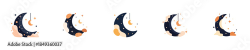 Crescent Moon Night Sky Flat Vector Icon Illustration Set
