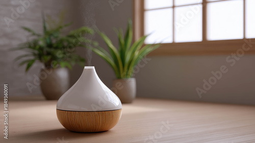 Elegant Diffuser Releasing Mist Beside Lush Green Plants in Bright Interior Setting with Modern Aesthetic