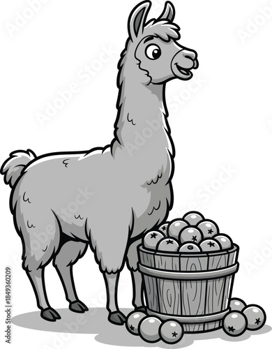 Grayscale cartoon llama with a friendly smile standing beside a wooden bucket overflowing with apples.